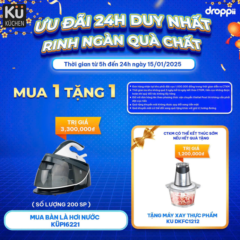 Bàn là (bàn ủi) hơi nước dung tích lớn 1.7L, 2400W, Công Nghệ Chống Cháy KUCHEN KU PI6221
